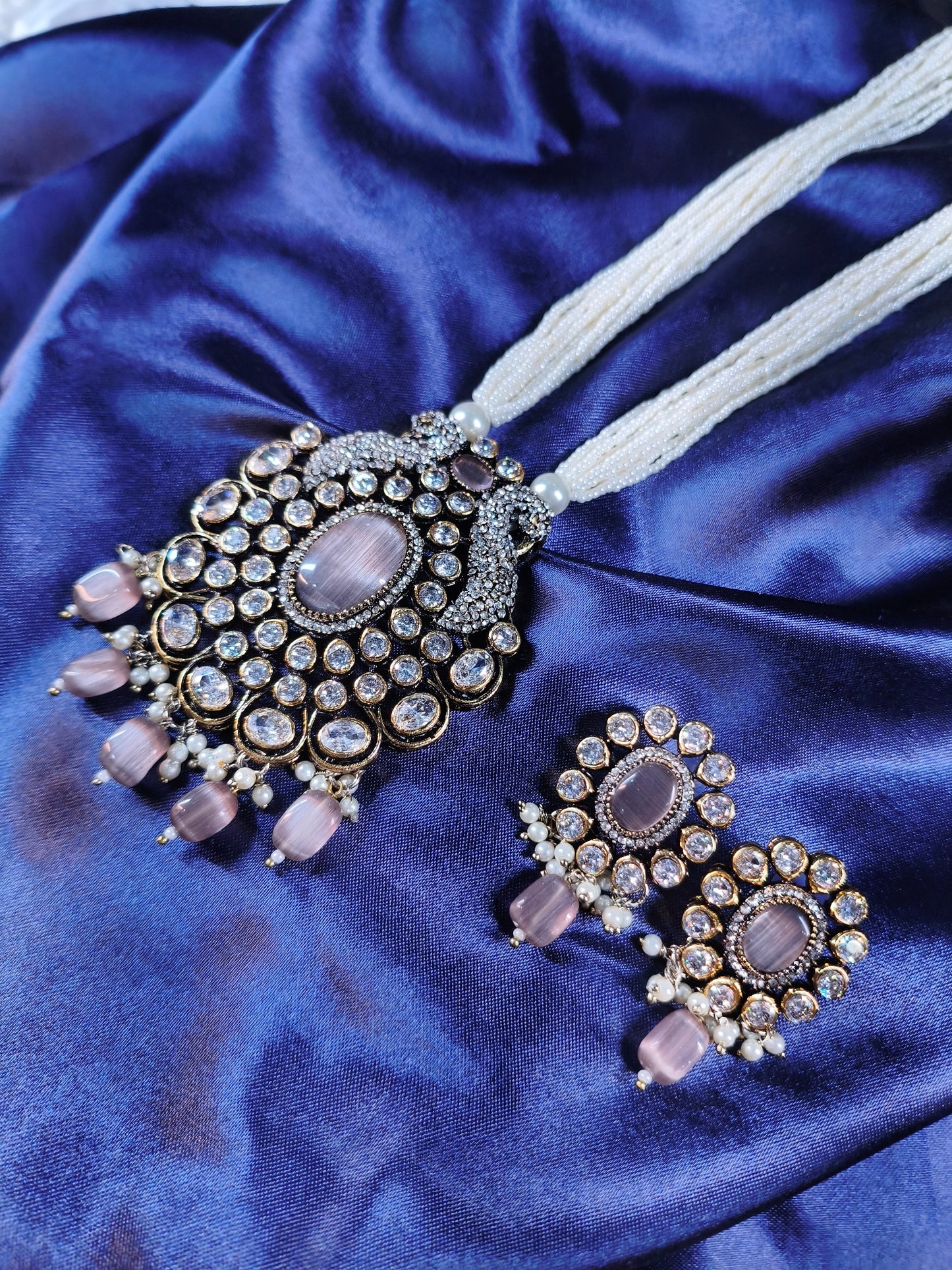 Blush Moonstone Kundan Bead Necklace Set