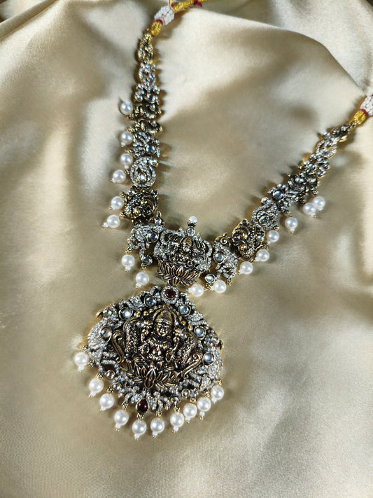 Antique Lakshmi Lotus Necklace Set with Pearl Halo