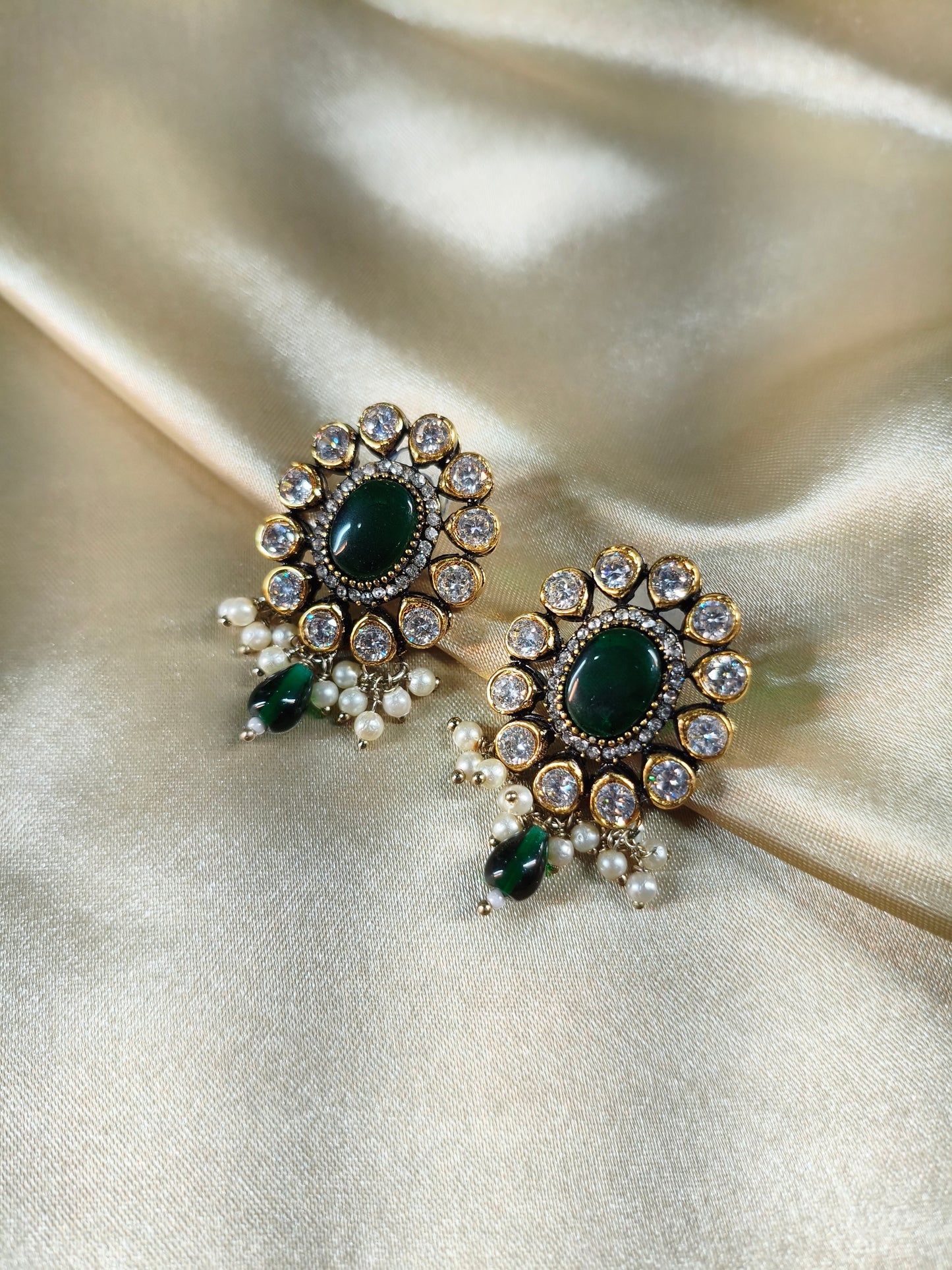 Emerald Halo Pearl Drop Stud Earrings