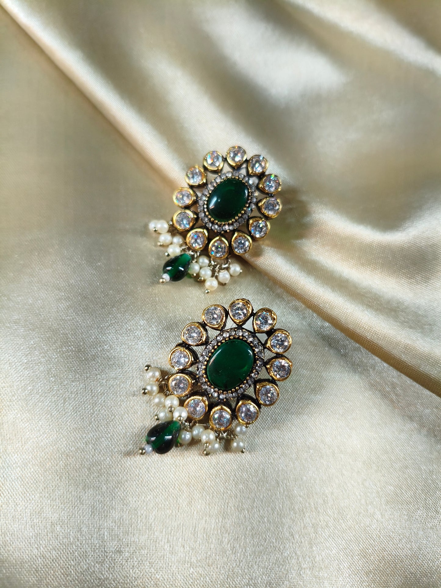 Emerald Halo Pearl Drop Stud Earrings