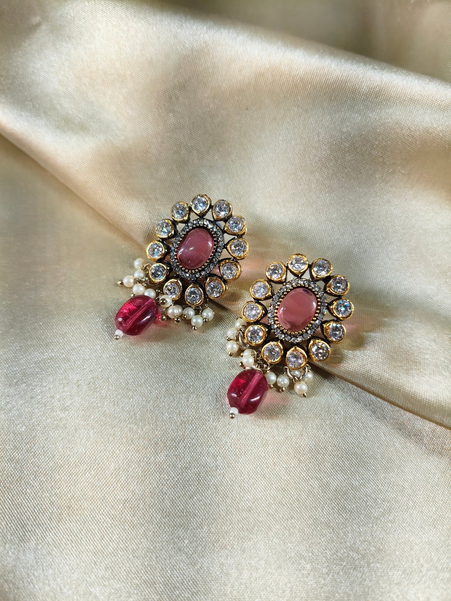 Vintage Rose Stone Crystal Pearl Stud Earrings