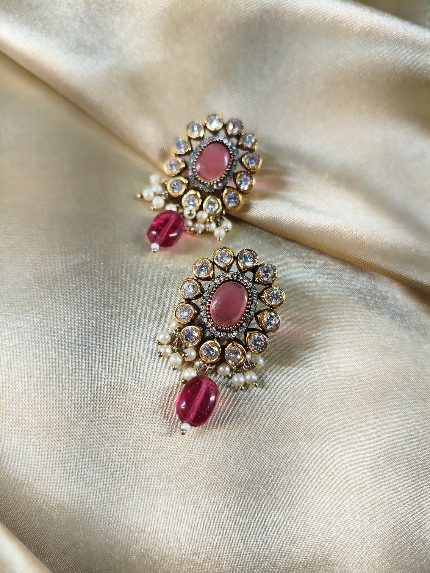 Vintage Rose Stone Crystal Pearl Stud Earrings
