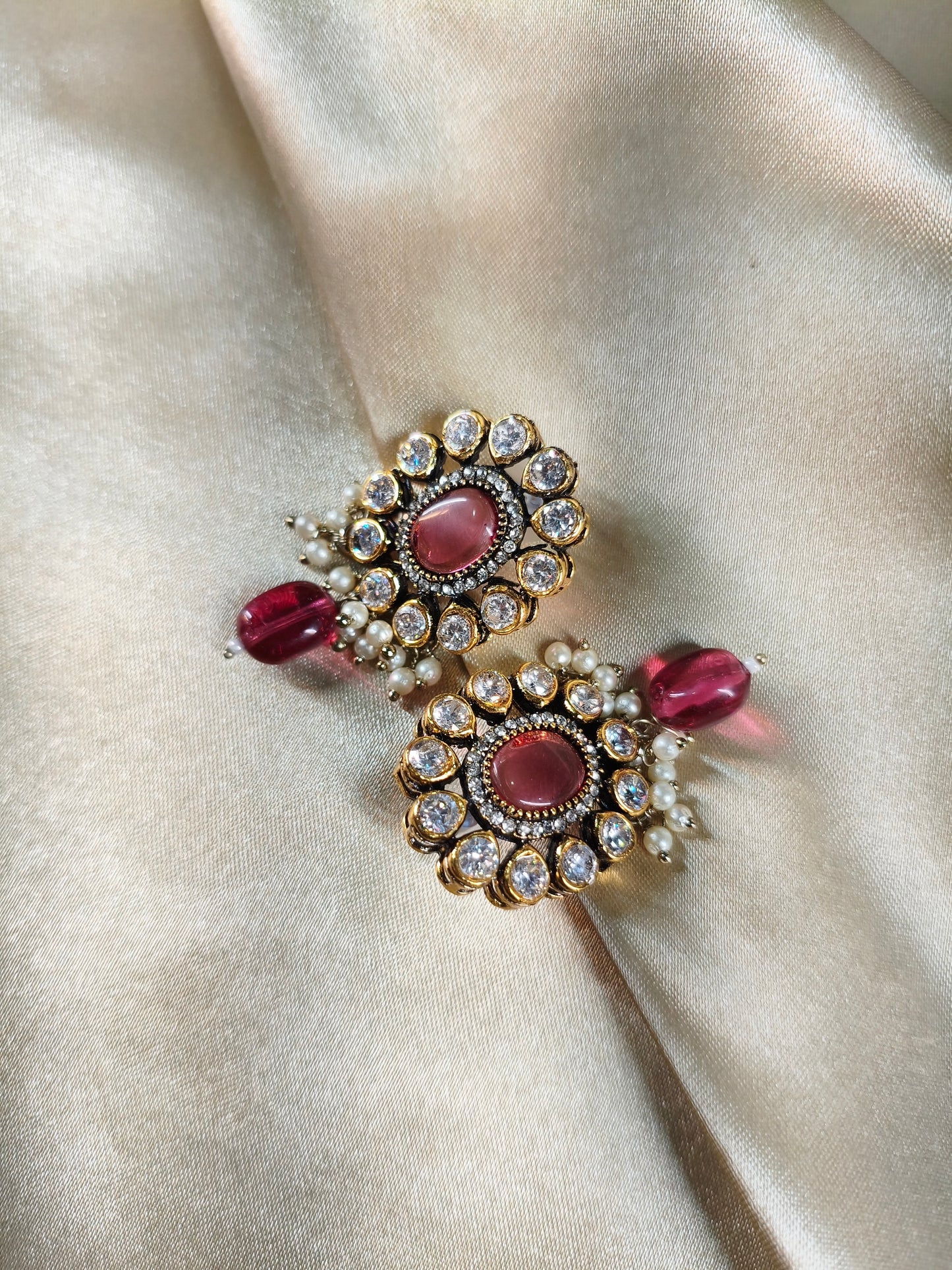 Vintage Rose Stone Crystal Pearl Stud Earrings