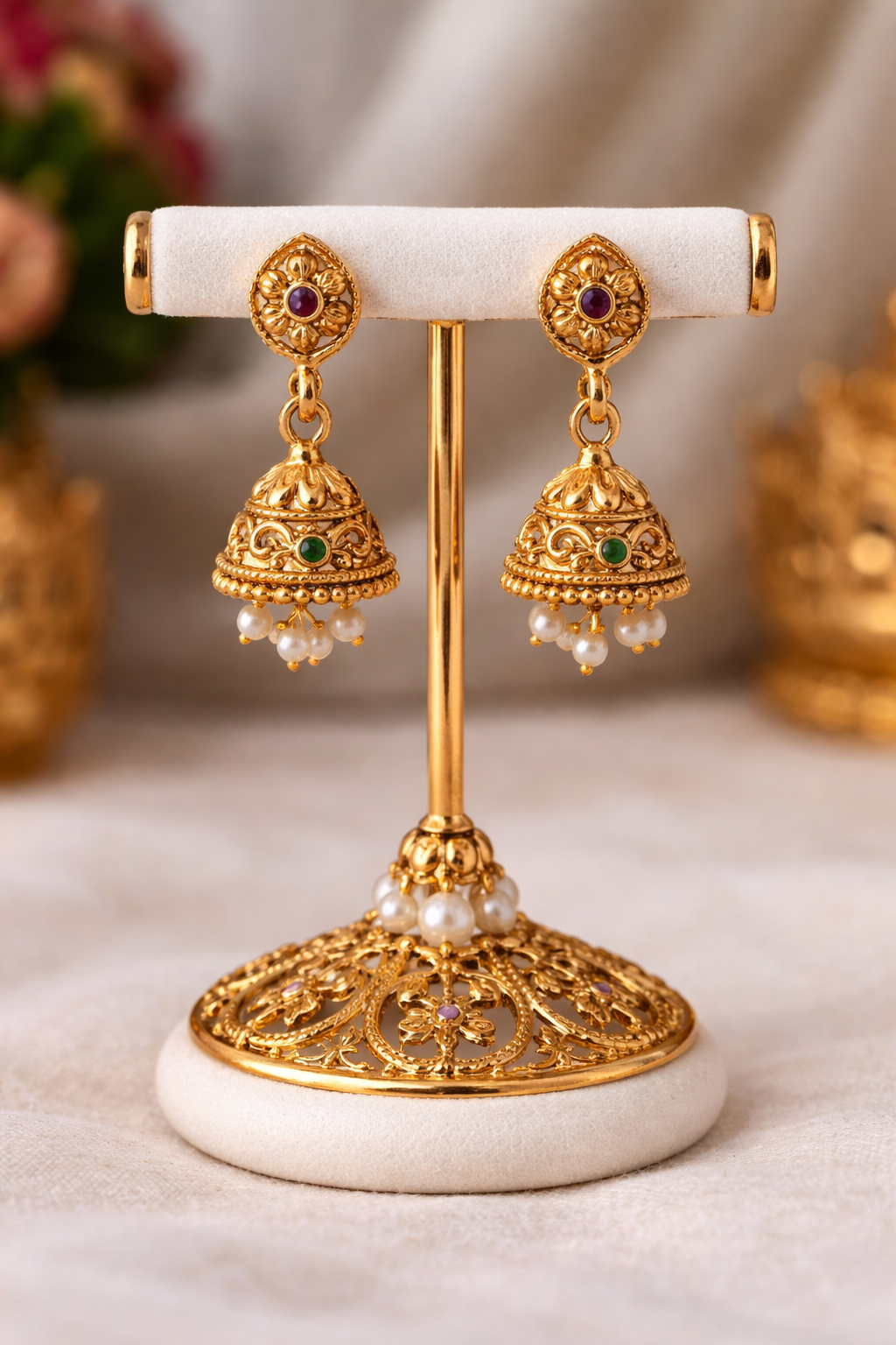 Shri Ram–Sita–Laxman Divine Heritage Gold Necklace and Half Jhumki set