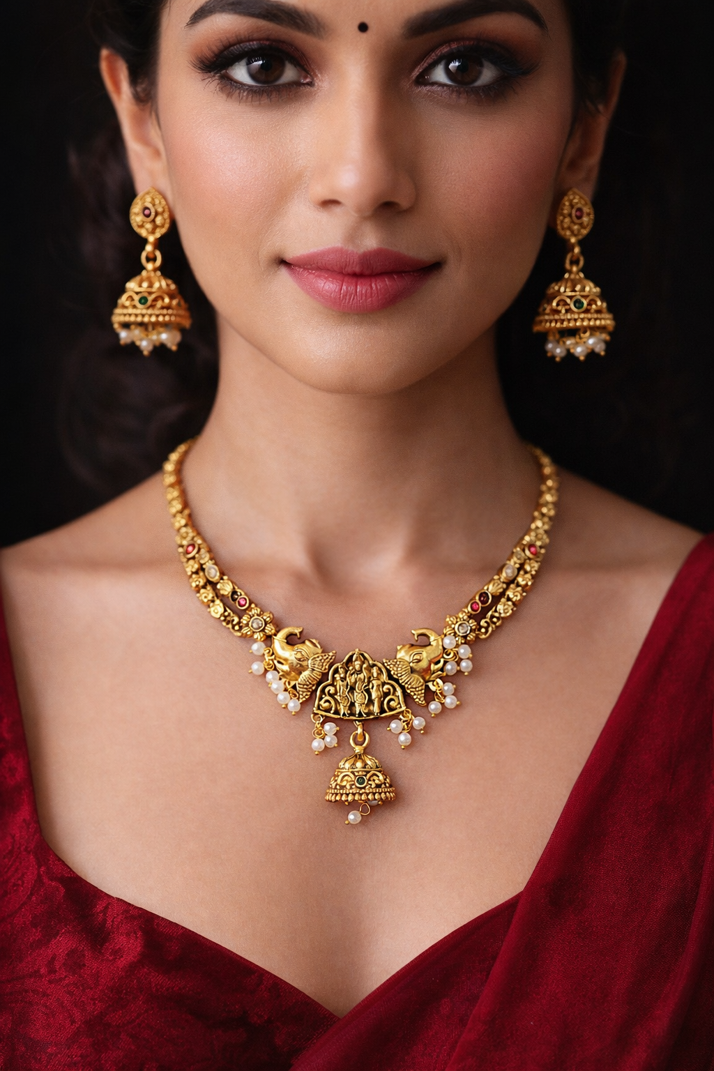 Shri Ram–Sita–Laxman Divine Heritage Gold Necklace and Half Jhumki set
